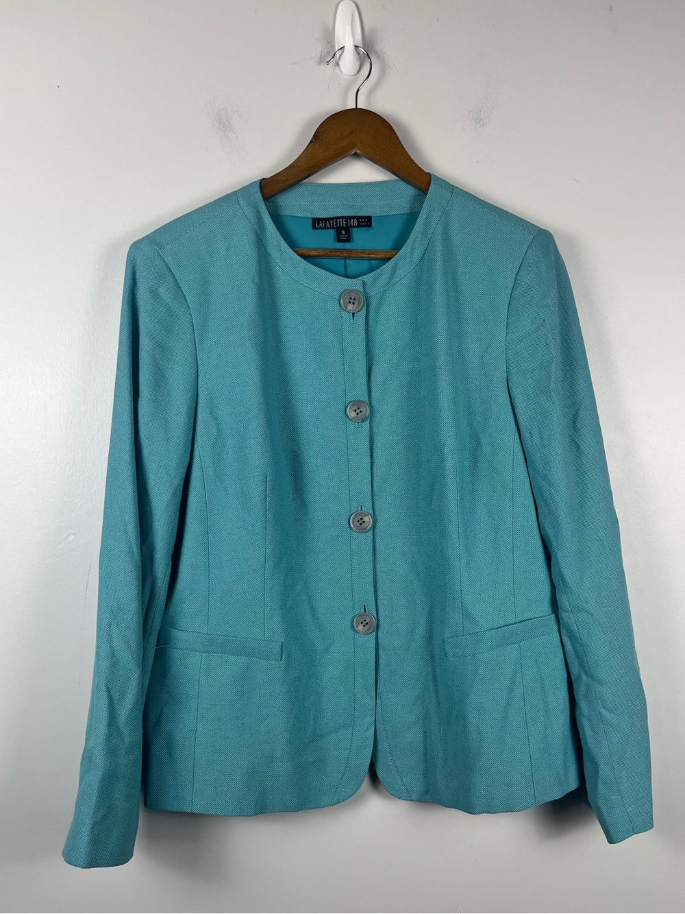 Lafayette 148 Virgin Wool Silk Blend Button Front Coat Jacket Blue Size 16